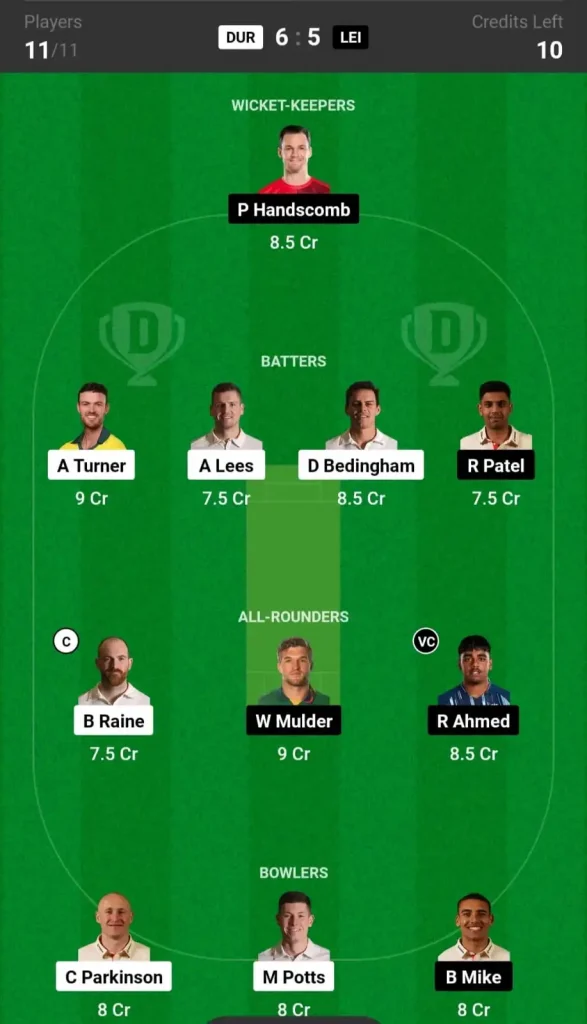 DUR vs LEI Dream11 Team