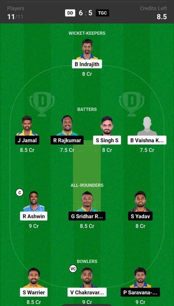 DD vs TGC Dream11 Team